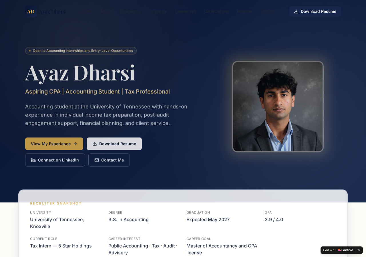 Accounting & Finance student portfolio website example