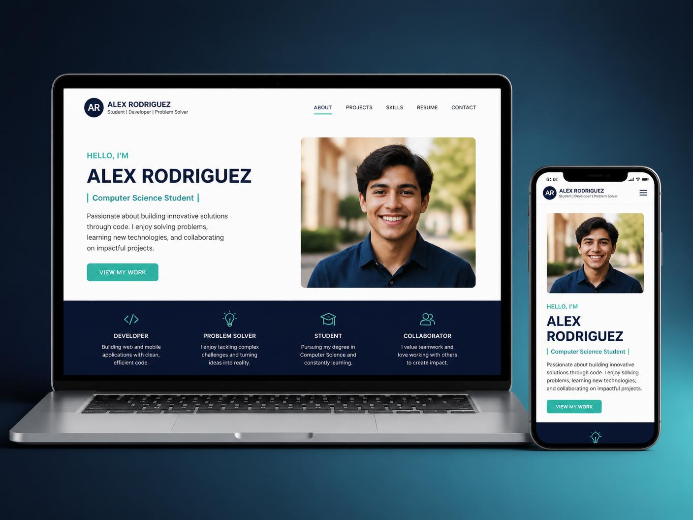 A student portfolio website shown on a laptop and a phone